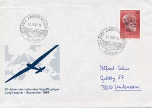 50 Jahre internationales Segelfluglager Jungfraujoch, September 1985, Briefcouvert - Adresse: Alfred Salm, Goldey 87, 3800 Unterseen - Briefmarke: Helvetia 50 Kopf Europa rot, 2 Stempel 13.9.85 Jungfraujoch