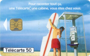 FR, France Telecom, 50, Telefonkabine, Mann, Surfbrett